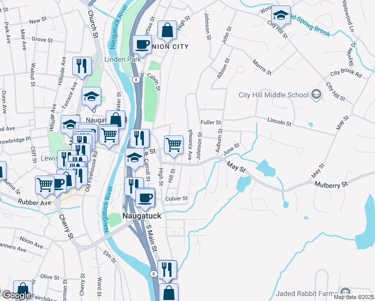 map of restaurants, bars, coffee shops, grocery stores, and more near 32 Phoenix Avenue in Naugatuck