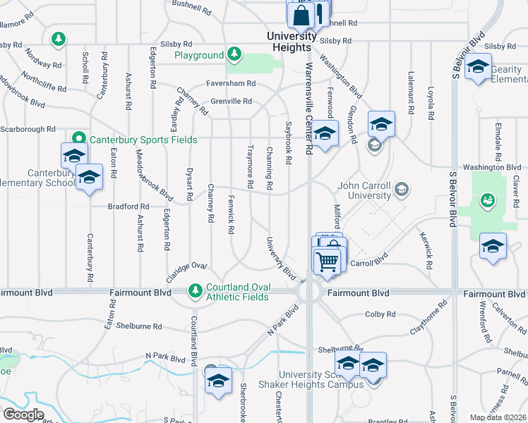 map of restaurants, bars, coffee shops, grocery stores, and more near 2555 Channing Road in University Heights