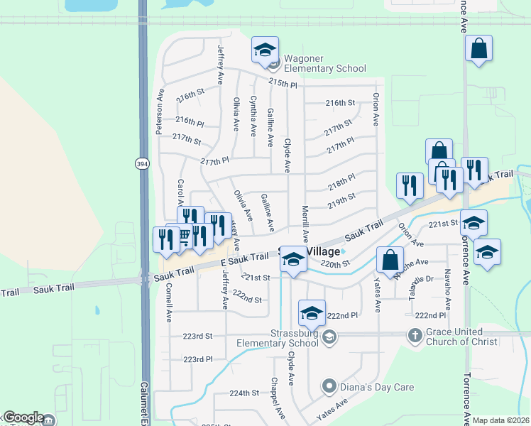 map of restaurants, bars, coffee shops, grocery stores, and more near 21906 Gailine Avenue in Sauk Village