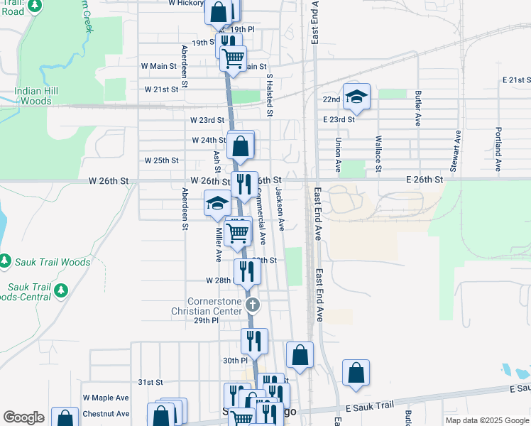 map of restaurants, bars, coffee shops, grocery stores, and more near 2637 Commercial Avenue in South Chicago Heights
