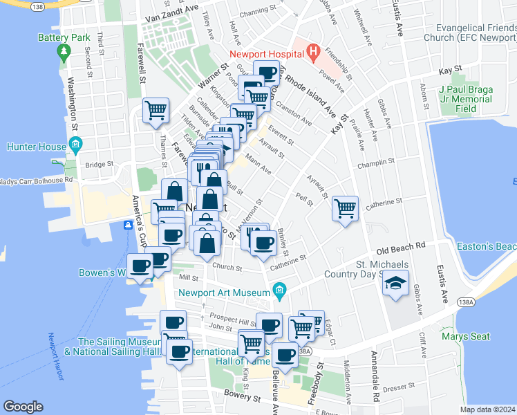 map of restaurants, bars, coffee shops, grocery stores, and more near 20 Mount Vernon Street in Newport