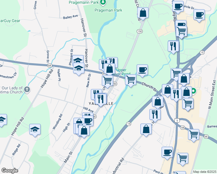 map of restaurants, bars, coffee shops, grocery stores, and more near 47 Chapel Street in Wallingford