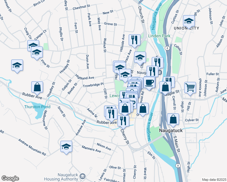 map of restaurants, bars, coffee shops, grocery stores, and more near 82 Fairview Avenue in Naugatuck