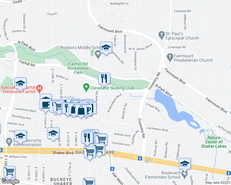 map of restaurants, bars, coffee shops, grocery stores, and more near 13800 Fairhill Road in Shaker Heights