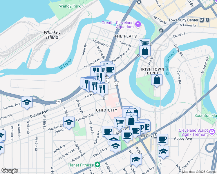 map of restaurants, bars, coffee shops, grocery stores, and more near 2600 Church Avenue in Cleveland