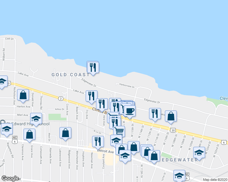 map of restaurants, bars, coffee shops, grocery stores, and more near 2 Edgewater Square in Lakewood