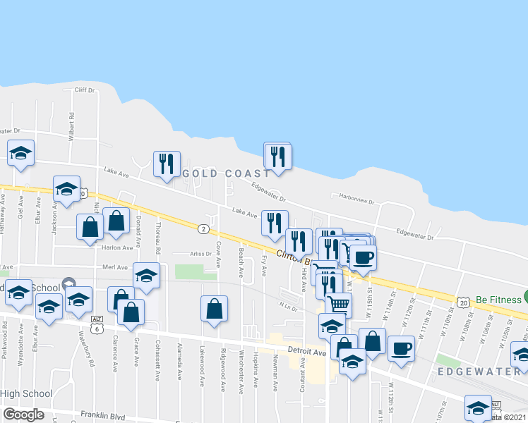map of restaurants, bars, coffee shops, grocery stores, and more near 12002 Lake Avenue in Lakewood