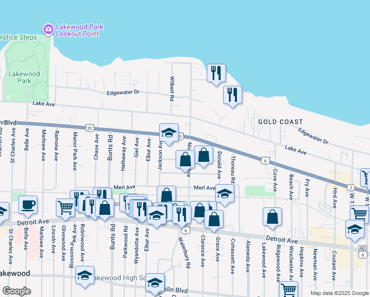 map of restaurants, bars, coffee shops, grocery stores, and more near 1212 Nicholson Avenue in Lakewood