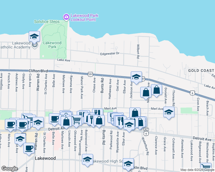 map of restaurants, bars, coffee shops, grocery stores, and more near 1232 Hathaway Avenue in Lakewood