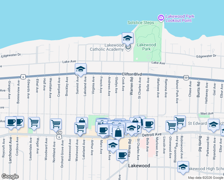 map of restaurants, bars, coffee shops, grocery stores, and more near 1220 Andrews Avenue in Lakewood