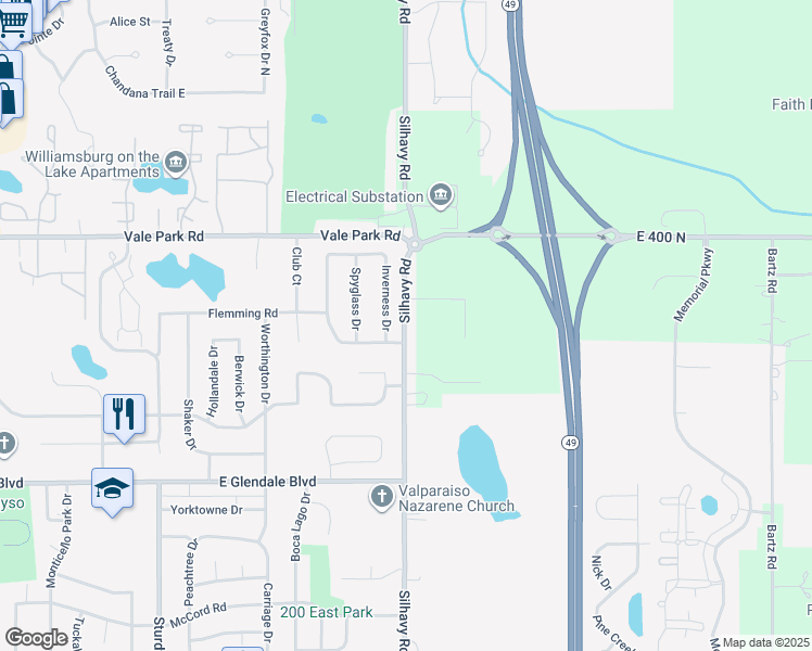 map of restaurants, bars, coffee shops, grocery stores, and more near 2400 Silhavy Road in Valparaiso
