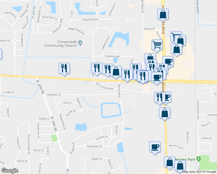 map of restaurants, bars, coffee shops, grocery stores, and more near 1115 Old Lincoln Highway in Schererville