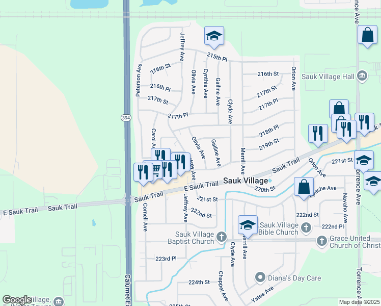 map of restaurants, bars, coffee shops, grocery stores, and more near 21906 Olivia Avenue in Sauk Village