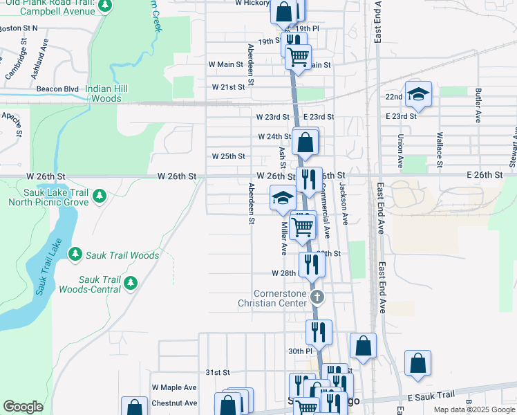 map of restaurants, bars, coffee shops, grocery stores, and more near 139 West 27th Street in South Chicago Heights