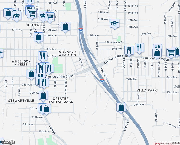 map of restaurants, bars, coffee shops, grocery stores, and more near 2317 19th Street in Moline