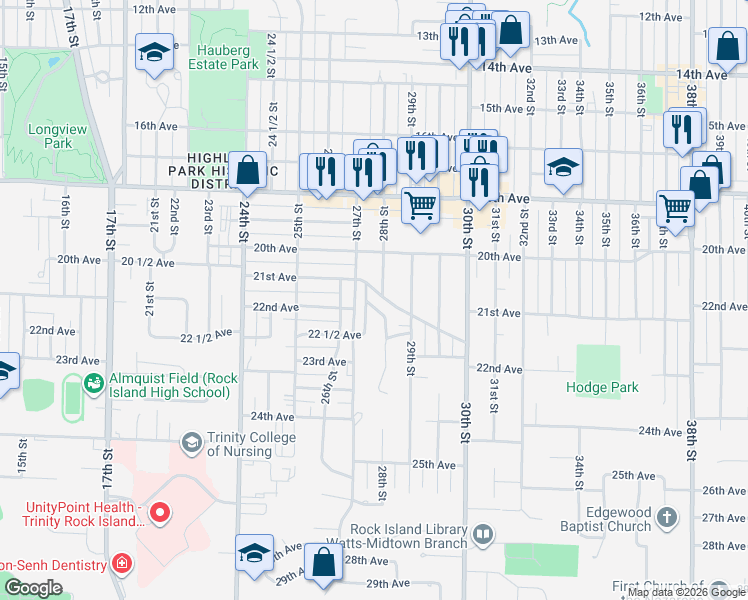 map of restaurants, bars, coffee shops, grocery stores, and more near 2826-2898 21st Avenue in Rock Island