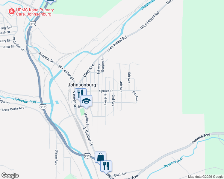 map of restaurants, bars, coffee shops, grocery stores, and more near 432 3rd Avenue in Johnsonburg