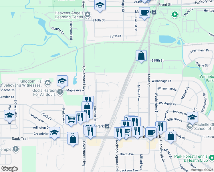 map of restaurants, bars, coffee shops, grocery stores, and more near 1084 Euclid Lane in Richton Park