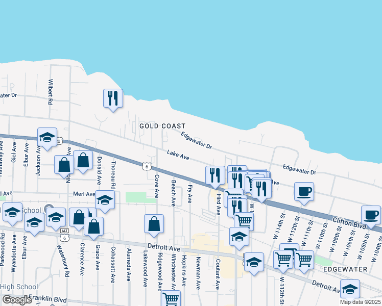 map of restaurants, bars, coffee shops, grocery stores, and more near 12002 Lake Avenue in Lakewood