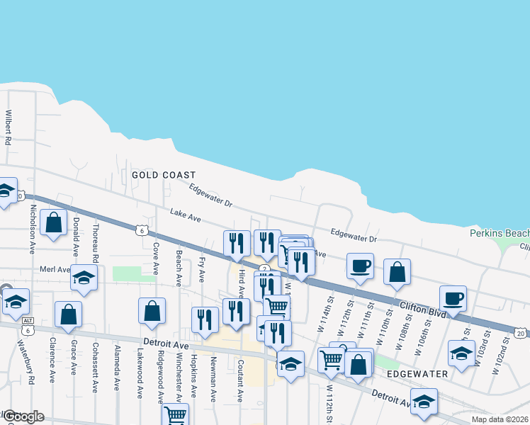 map of restaurants, bars, coffee shops, grocery stores, and more near 2 Edgewater Square in Lakewood