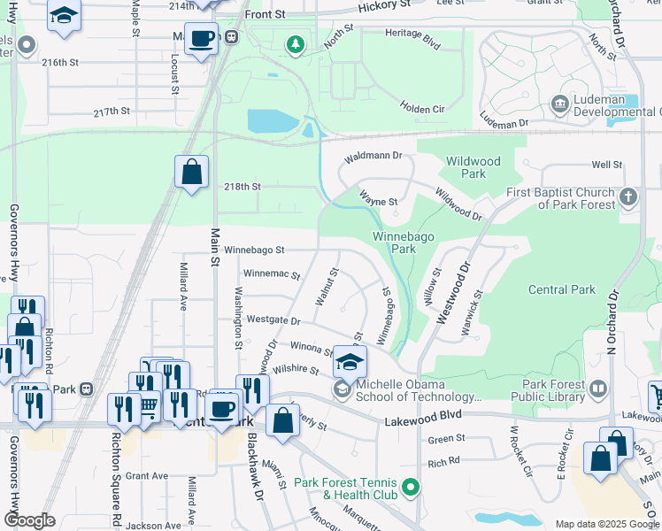 map of restaurants, bars, coffee shops, grocery stores, and more near 102 Walnut Street in Park Forest