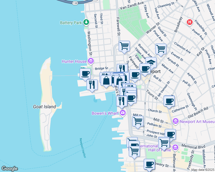 map of restaurants, bars, coffee shops, grocery stores, and more near 25 America's Cup Avenue in Newport