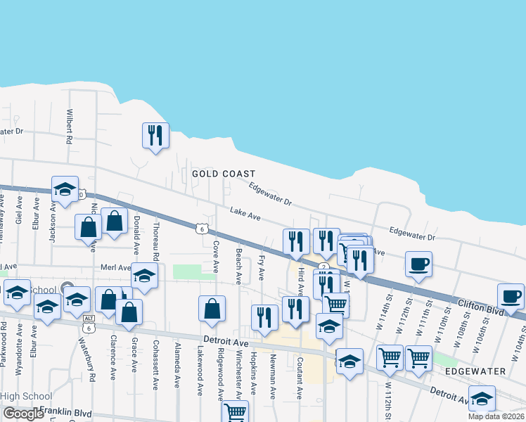 map of restaurants, bars, coffee shops, grocery stores, and more near 12002 Lake Avenue in Lakewood