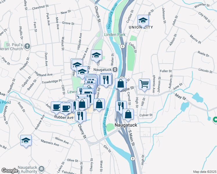 map of restaurants, bars, coffee shops, grocery stores, and more near 93 Maple Street in Naugatuck