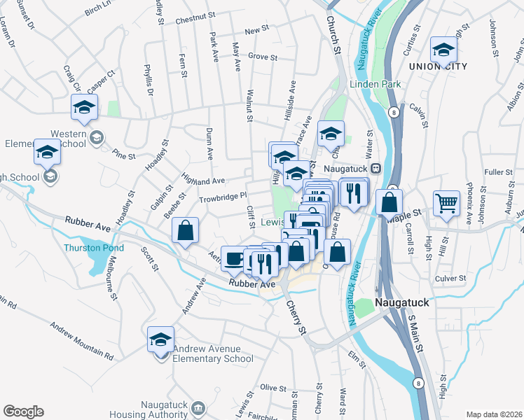 map of restaurants, bars, coffee shops, grocery stores, and more near 82 Fairview Avenue in Naugatuck
