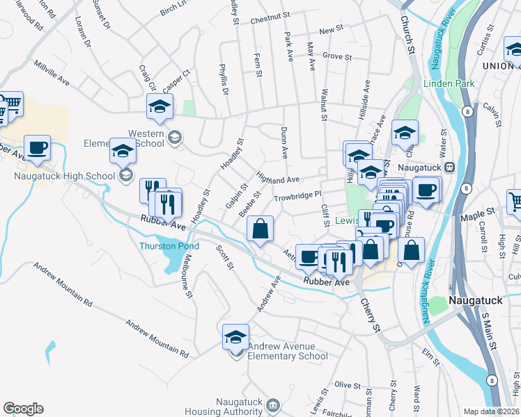 map of restaurants, bars, coffee shops, grocery stores, and more near 42 Goodyear Avenue in Naugatuck