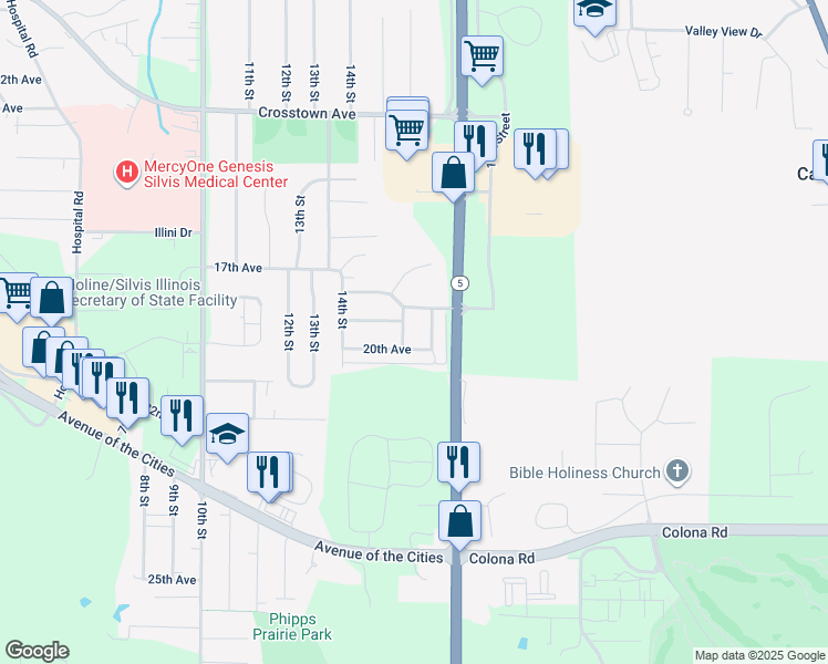 map of restaurants, bars, coffee shops, grocery stores, and more near 1907 15th Street in Silvis