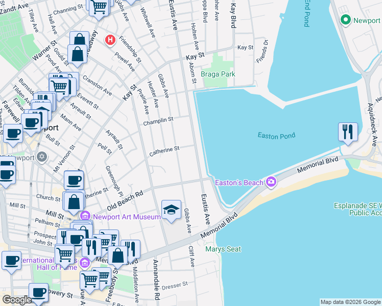 map of restaurants, bars, coffee shops, grocery stores, and more near 171 Eustis Avenue in Newport
