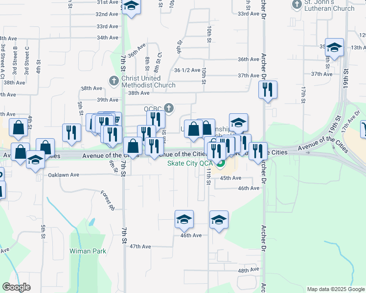 map of restaurants, bars, coffee shops, grocery stores, and more near 929 Avenue Of The Cities in East Moline