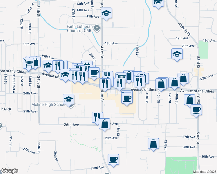 map of restaurants, bars, coffee shops, grocery stores, and more near in Moline