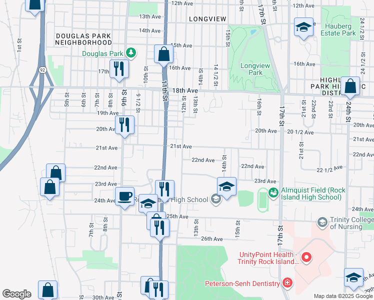 map of restaurants, bars, coffee shops, grocery stores, and more near 1218 21st Avenue in Rock Island