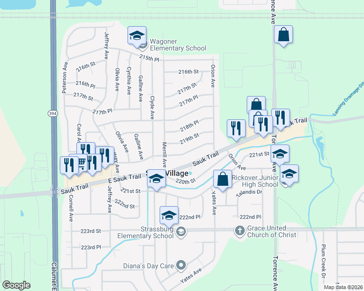 map of restaurants, bars, coffee shops, grocery stores, and more near 2036 219th Street in Sauk Village