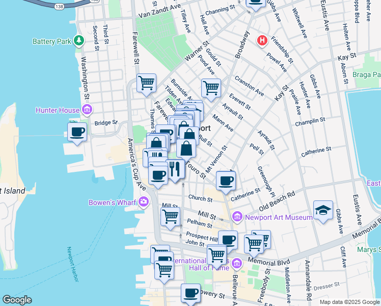 map of restaurants, bars, coffee shops, grocery stores, and more near 45 Washington Square in Newport