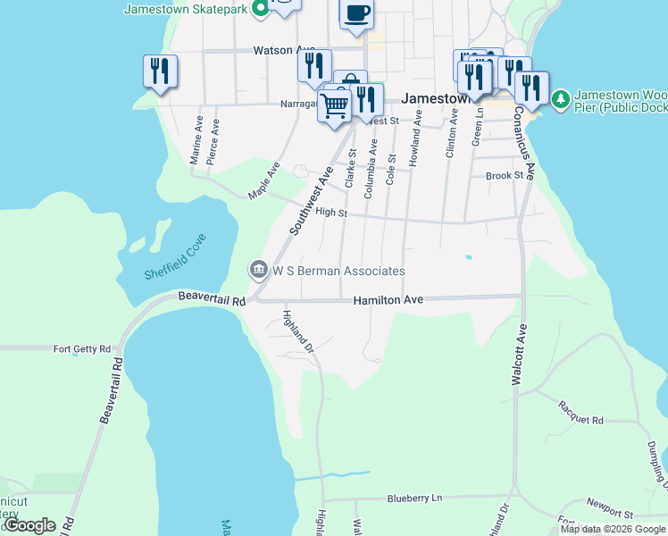map of restaurants, bars, coffee shops, grocery stores, and more near 92 Clarke St in Jamestown
