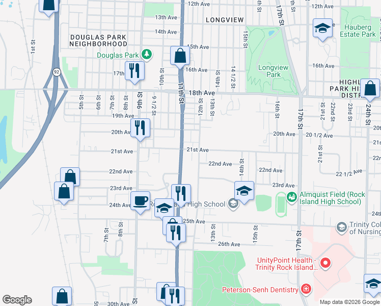 map of restaurants, bars, coffee shops, grocery stores, and more near 1114-1116 21st Avenue in Rock Island