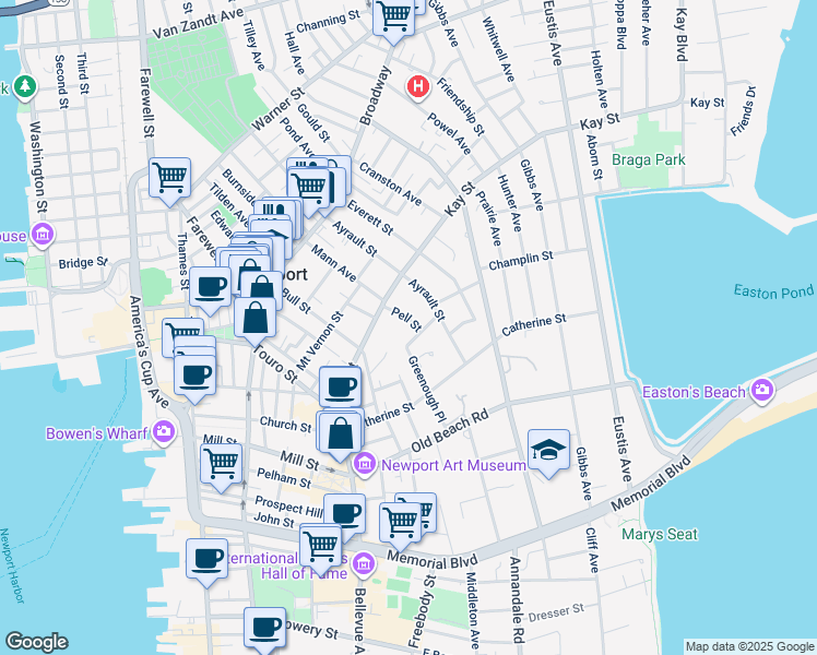 map of restaurants, bars, coffee shops, grocery stores, and more near 16 Greenough Place in Newport