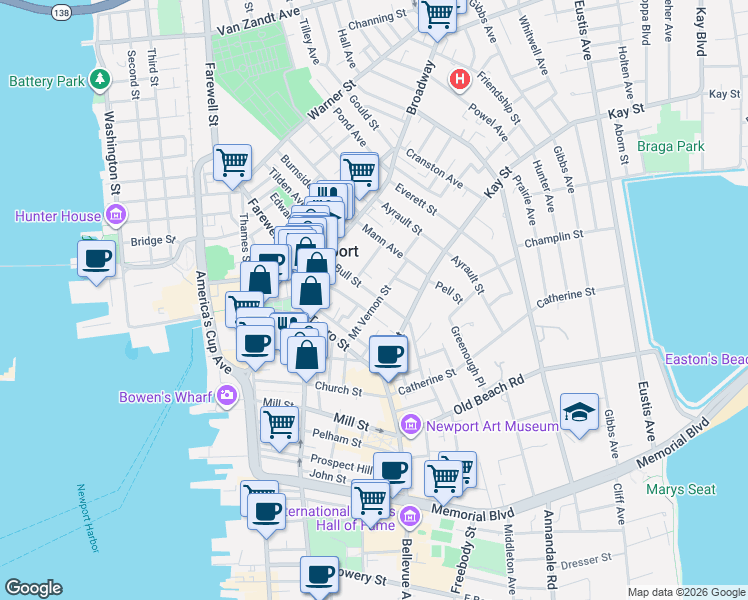 map of restaurants, bars, coffee shops, grocery stores, and more near 20 Mount Vernon Street in Newport