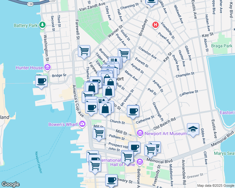 map of restaurants, bars, coffee shops, grocery stores, and more near 3 Russo Court in Newport