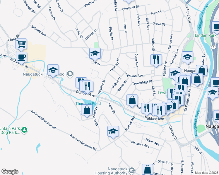 map of restaurants, bars, coffee shops, grocery stores, and more near 12 Galpin Street in Naugatuck
