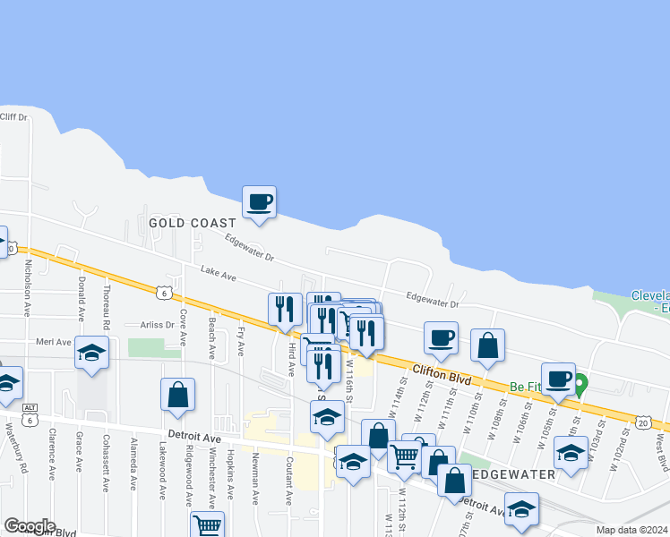 map of restaurants, bars, coffee shops, grocery stores, and more near 11650 Edgewater Drive in Cleveland