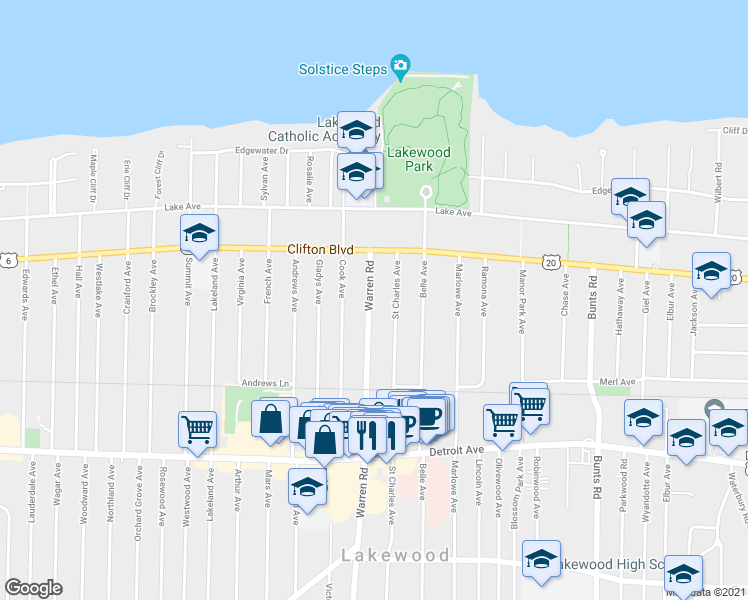 map of restaurants, bars, coffee shops, grocery stores, and more near 1224 Warren Road in Lakewood