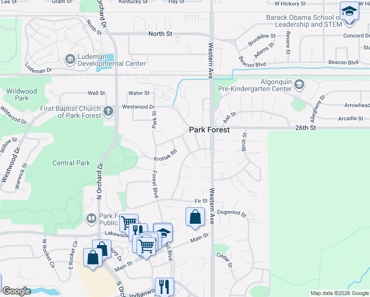 map of restaurants, bars, coffee shops, grocery stores, and more near 14 Gibson Road in Park Forest