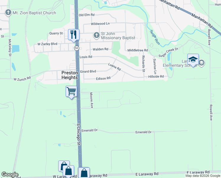 map of restaurants, bars, coffee shops, grocery stores, and more near 300 Bradford Road in Joliet