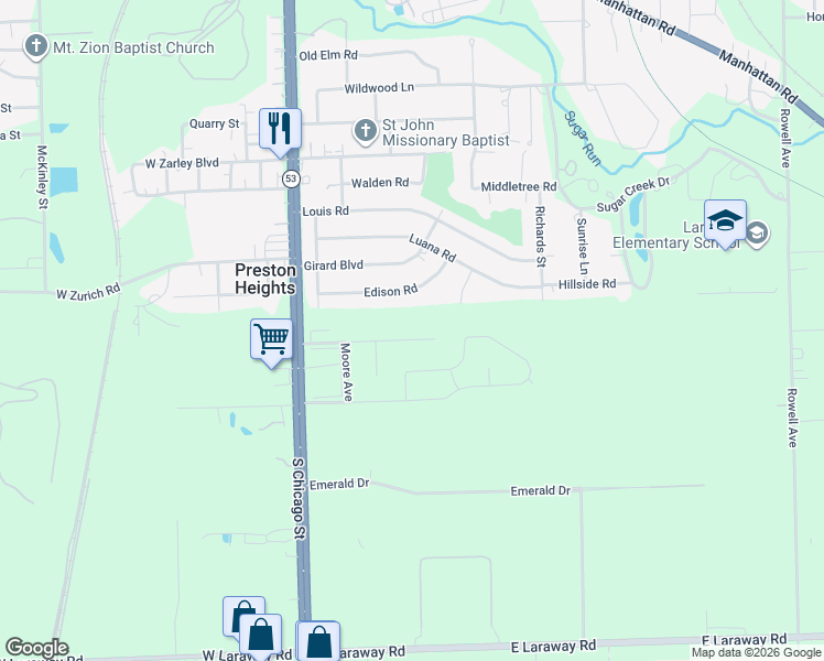map of restaurants, bars, coffee shops, grocery stores, and more near 300 Bradford Road in Joliet