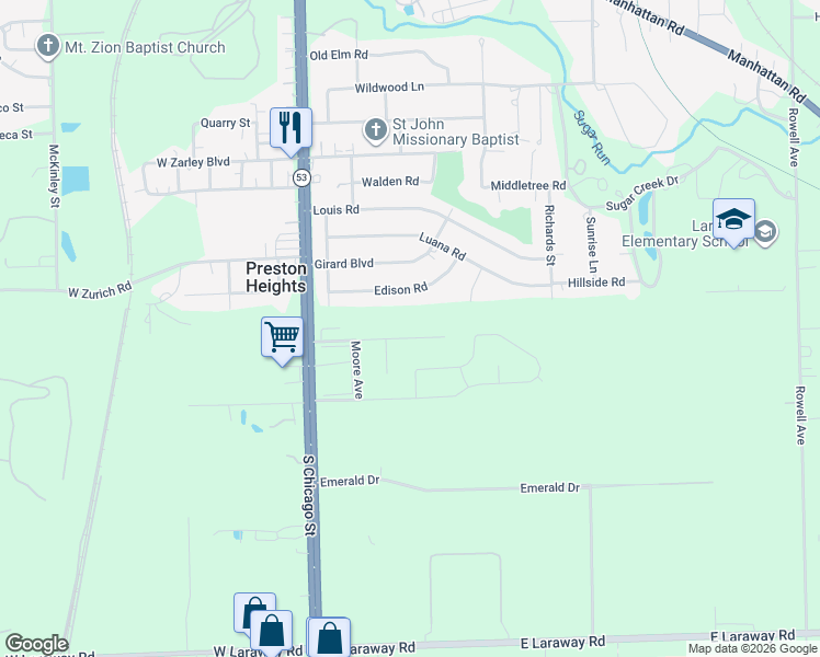 map of restaurants, bars, coffee shops, grocery stores, and more near 109 Bradford Road in Joliet