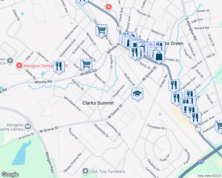 map of restaurants, bars, coffee shops, grocery stores, and more near 326 Marion Street in Clarks Summit